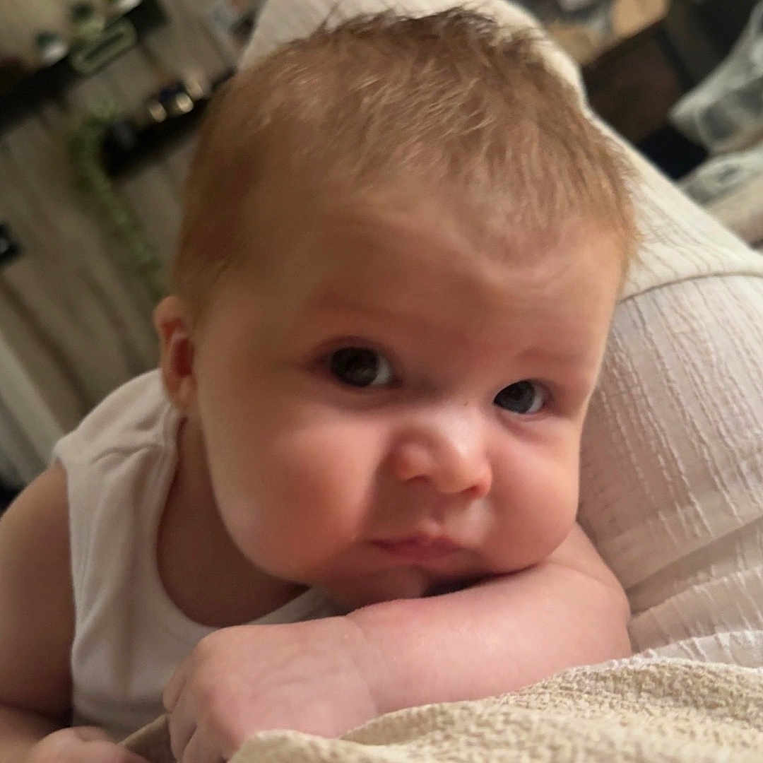 Cohen-Saint is registered to the contest to win money with this photo: arm, baby, blanket, child, closeup, clothing, curious, cute, expression, face, head, indoor, infant, person, portrait, relaxation, resting, skin, soft, young