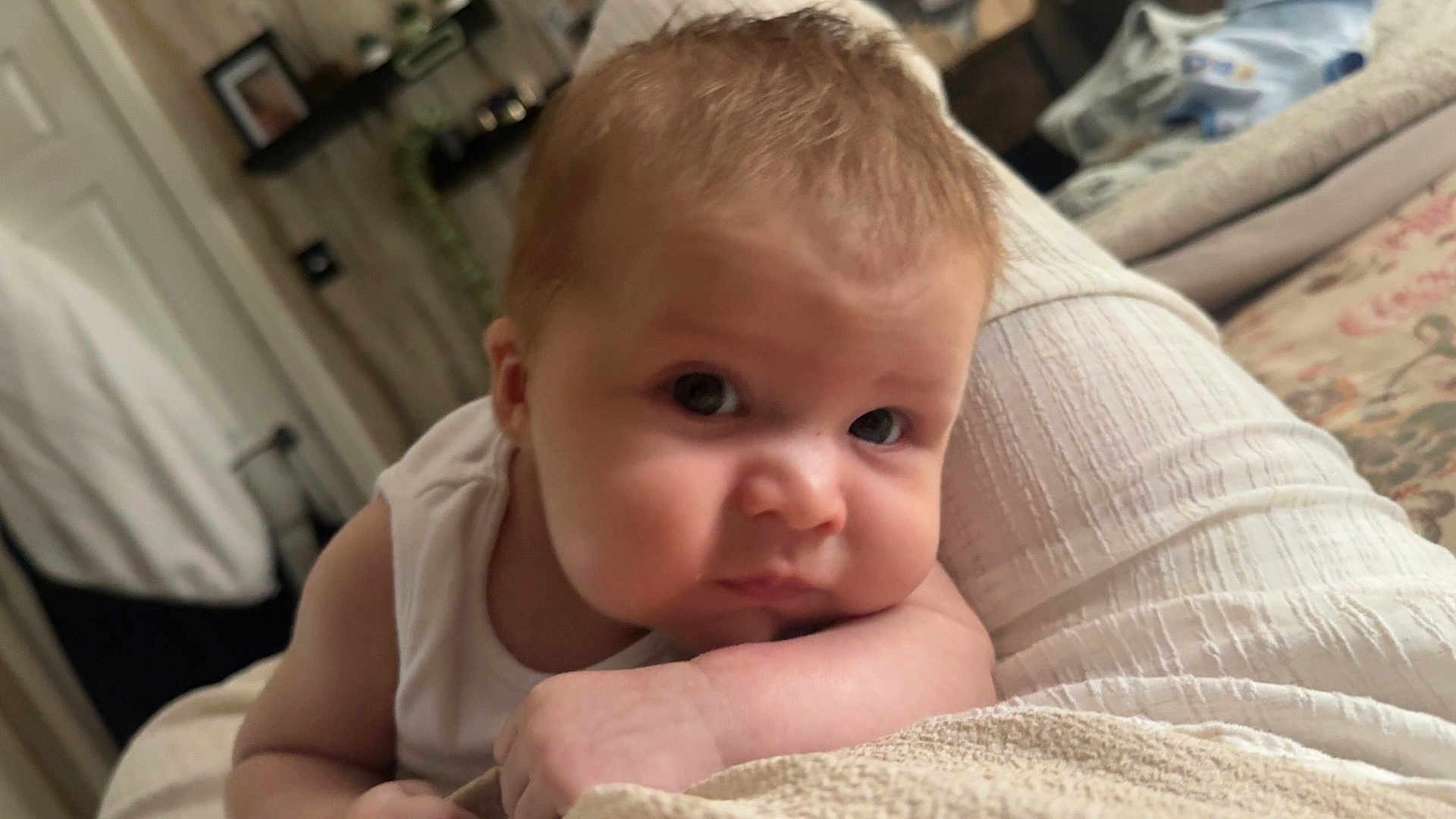 Cohen-Saint is registered to the contest to win money with this photo: baby, infant, face, skin, arm, expression, indoor, resting, curious, soft, blanket, clothing, person, head, closeup, child, young, cute, portrait, relaxation