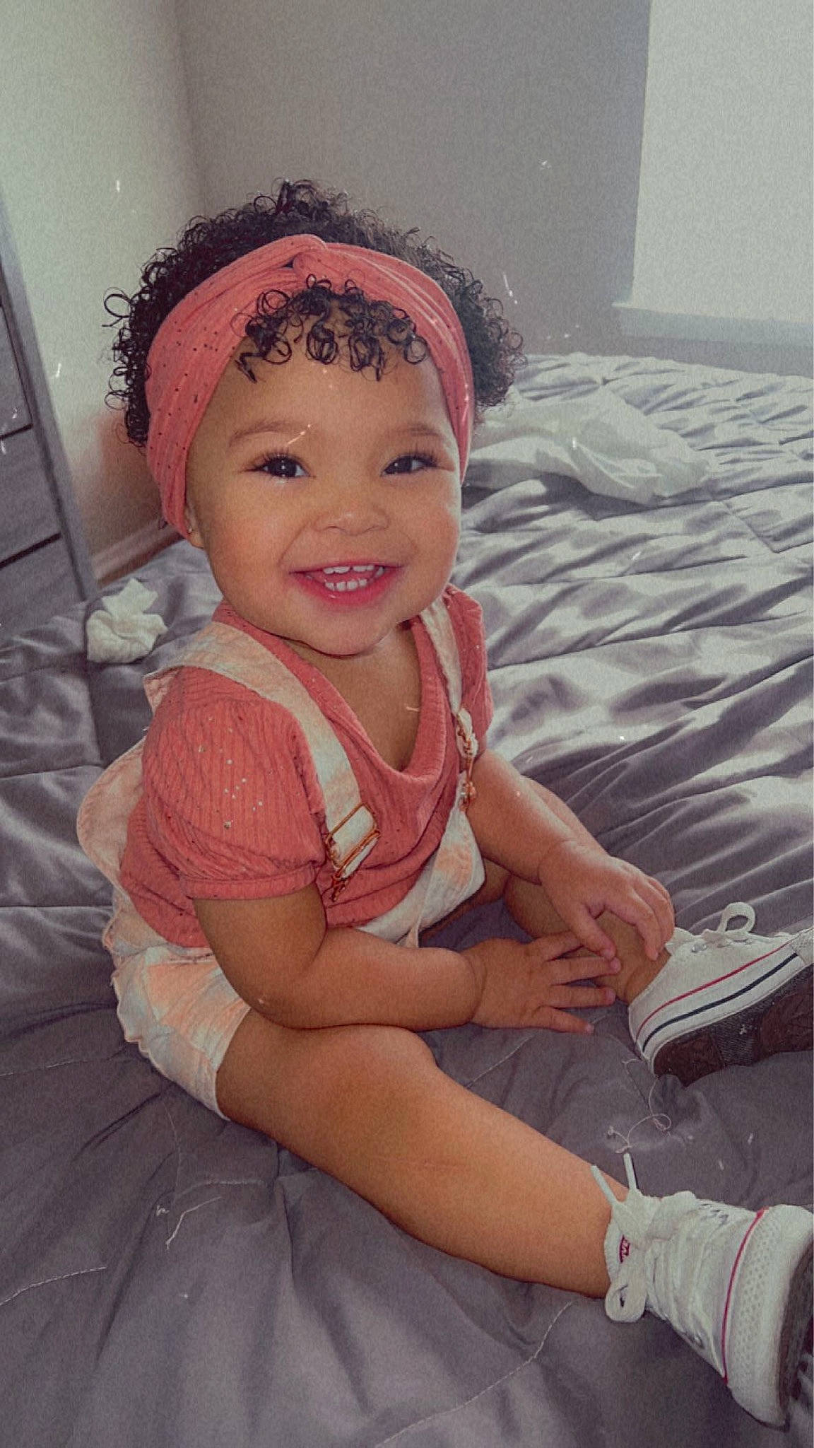 Gabriella is registered to the contest to win money with this photo: blond, child, dress, eye, eyebrow, footwear, fun, happy, head, headband, headpiece, headwear, human, iris, joy, lip, magenta, person, pink, selfie