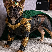 Loki is registered to the contest to win money with this photo: animal, armor, black_and_brown, brown_dog, canine, cape, carpet, cosplay, costume, cute, dog, french_bulldog, furry, golden_horns, heroic, indoor, loki, pet, portrait, standing
