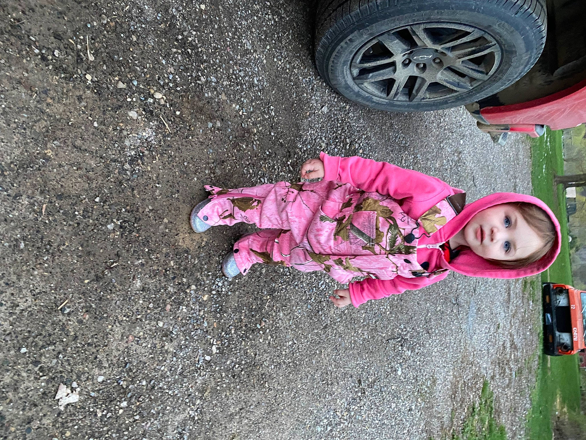 Paisley is registered to the contest to win money with this photo: asphalt, automotive_lighting, automotive_tire, car, fender, hubcap, motor_vehicle, person, pink, plant, road, road_surface, sidewalk, synthetic_rubber, tar, tire, toddler, tread, vehicle, vehicle_door