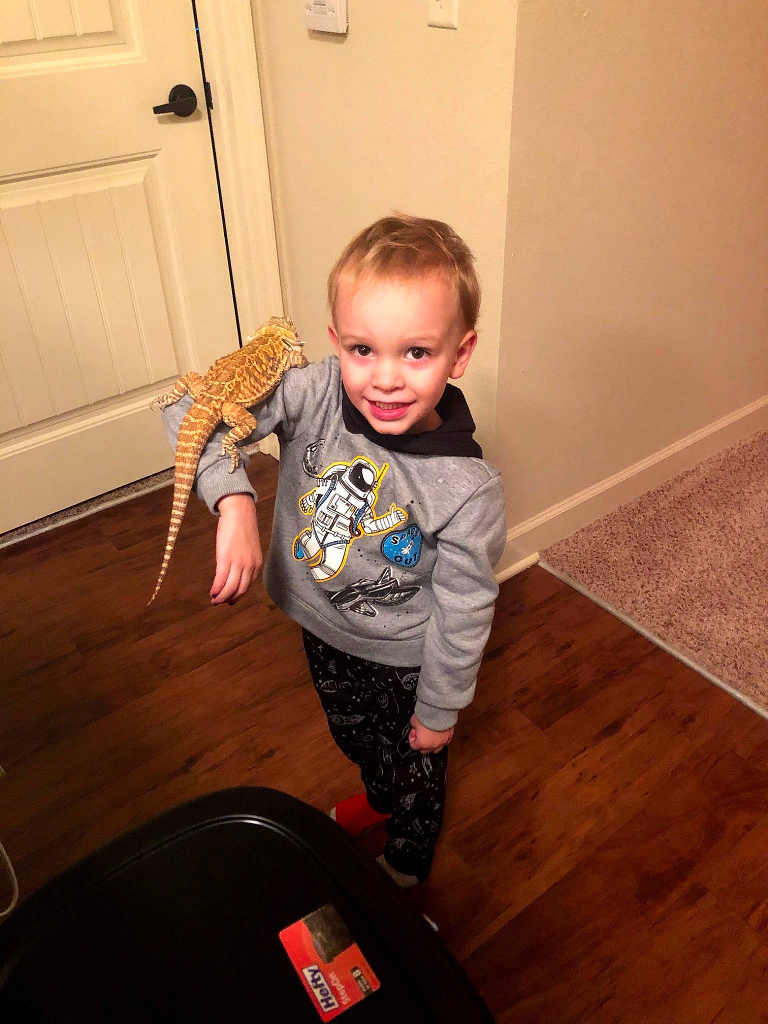 Aiden joined the competition — help win amazing prizes! baby, baby_toddler_clothing, door, floor, flooring, fun, happy, hardwood, joint, joy, laminate_flooring, person, sleeve, smile, standing, t_shirt, table, toddler, varnish, wood