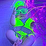 baby, child, neon, glasses, safety_vest, floor, feet, hand, purple_lights, fiber_optic, indoor, cute, glowing, accessory, infant, playful, colorful, portrait, fun, fashion