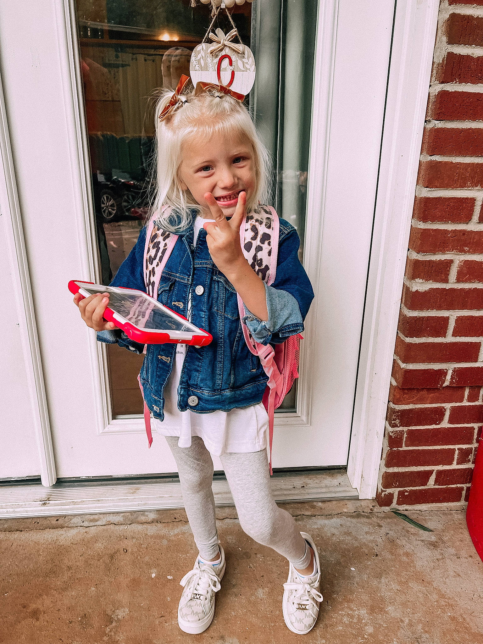 Bailyn Dale joined the competition — help win amazing prizes! baby_toddler_clothing, blond, child, child_model, costume, denim, door, electric_blue, fashion_accessory, fashion_design, fun, happy, human_leg, joy, knee, pattern, person, pink, sleeve, smile