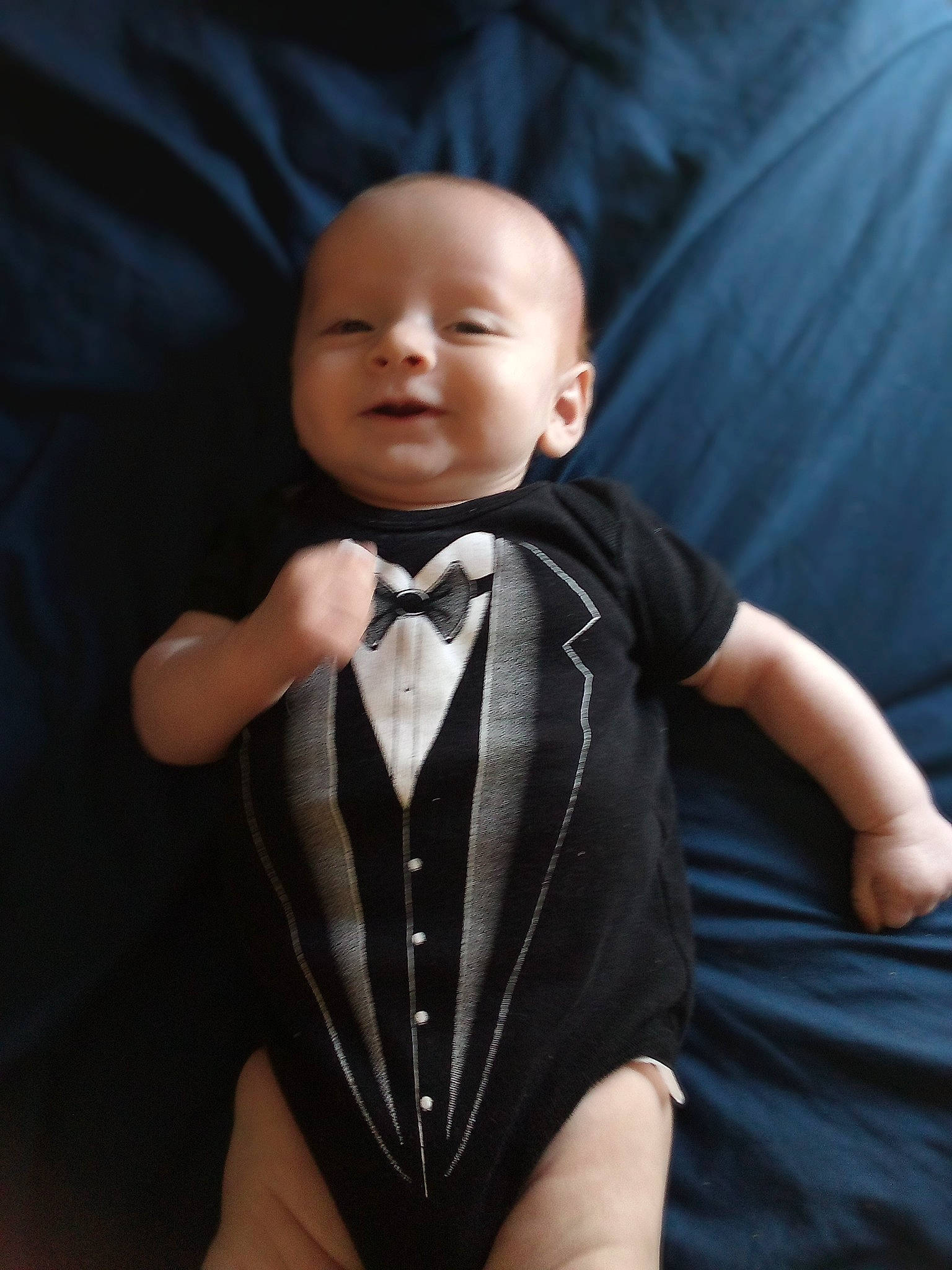 King joined the competition — help win amazing prizes! baby, baby_toddler_clothing, blazer, bow_tie, chest, collar, dress, dress_shirt, eye, flash_photography, formal_wear, gesture, grey, outerwear, person, sitting, sleeve, standing, tie, toddler