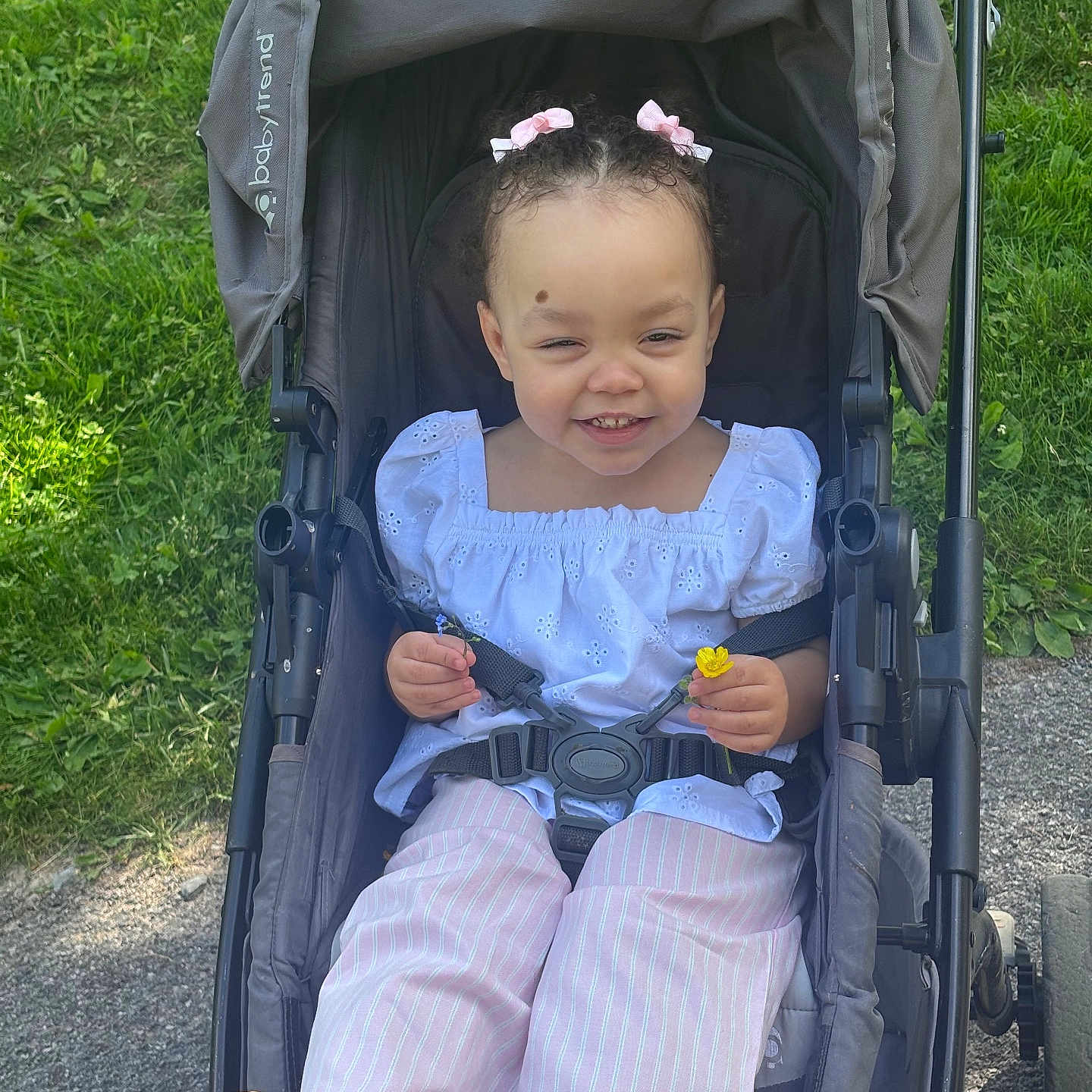 Aylanni joined the competition — help win amazing prizes! child, toddler, girl, stroller, smiling, outdoor, grass, park, portrait, pink_bows, dress, striped_pants, shoes, flower, harness, seated, sunlight, playful, happy, photography