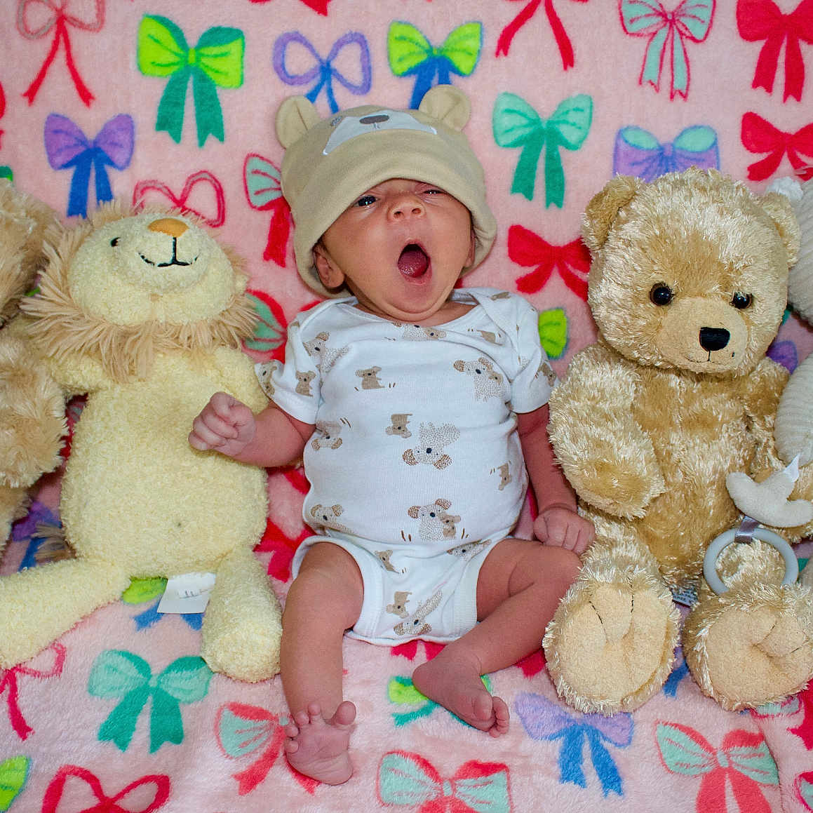 Keonna Marie is registered to the contest to win money with this photo: adorable, baby, blanket, bows, child, colorful, cozy, cute, hat, indoor, infant, lion_toy, onesie, plush, portrait, sitting, soft_toys, stuffed_animals, teddy_bear, yawning