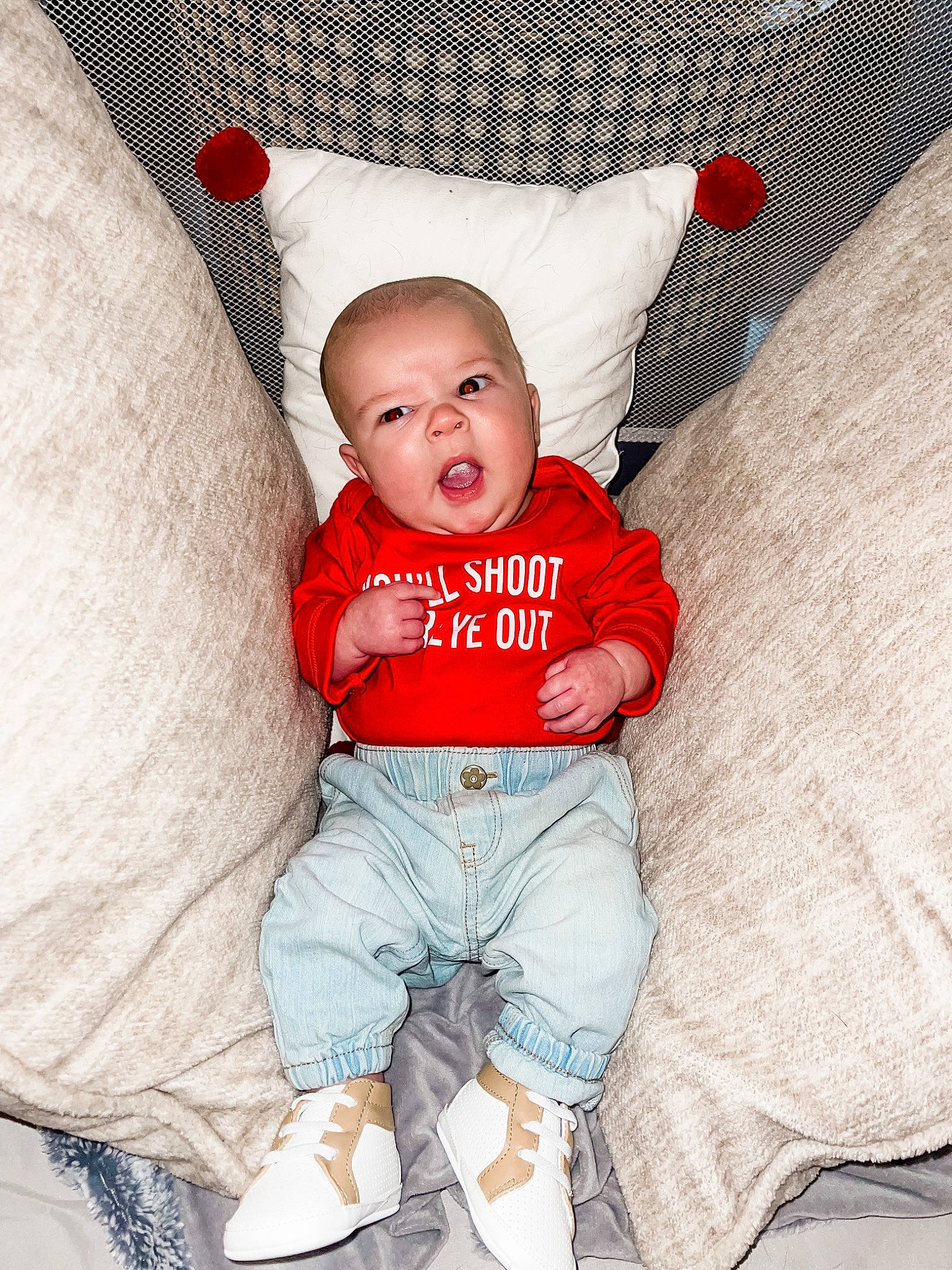 Brazos joined the competition — help win amazing prizes! baby, baby_products, baby_sleeping, baby_toddler_clothing, child, comfort, couch, eye, flash_photography, foot, happy, human_body, leg, linens, pattern, person, sitting, sleeve, smile, t_shirt