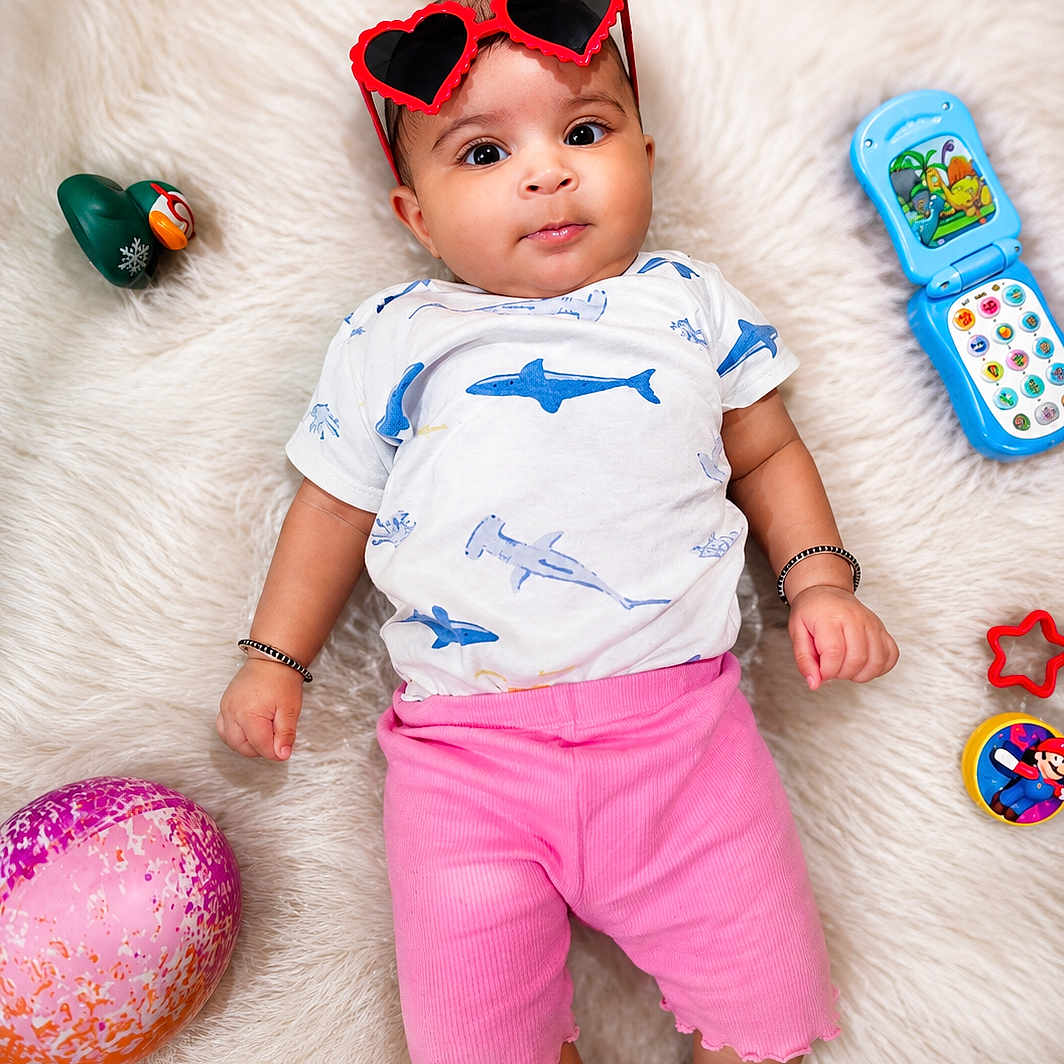 Sukhmn joined the competition — help win amazing prizes! baby, child, heart_shaped_sunglasses, pink_shorts, white_shirt, shark_print, toy_phone, green_duck_toy, pink_ball, fluffy_rug, lying_down, cute, infant, bracelet, colorful_toys, playtime, indoor, portrait, happy, curious