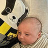 Woodrow joined the competition — help win amazing prizes! baby, plush_toy, panda, striped_clothing, couch, pillow, infant, face, head, soft_toys, comfort, indoors, child, cute, resting, nap_time, cozy, furniture, home, relaxation