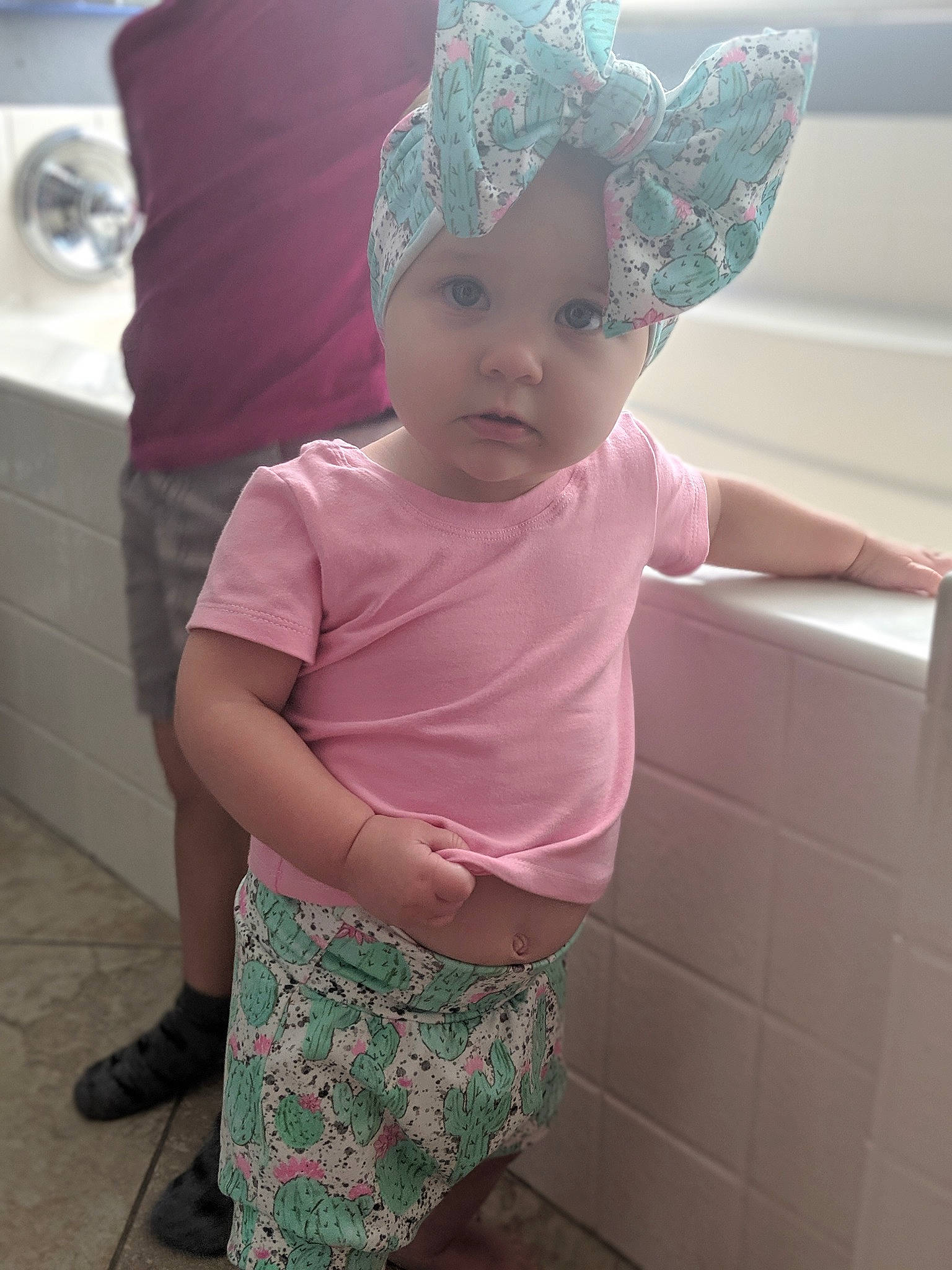 Madilynn is registered to the contest to win money with this photo: bonnet, child, ear, hat, head, headgear, person, pink, toddler, vacation