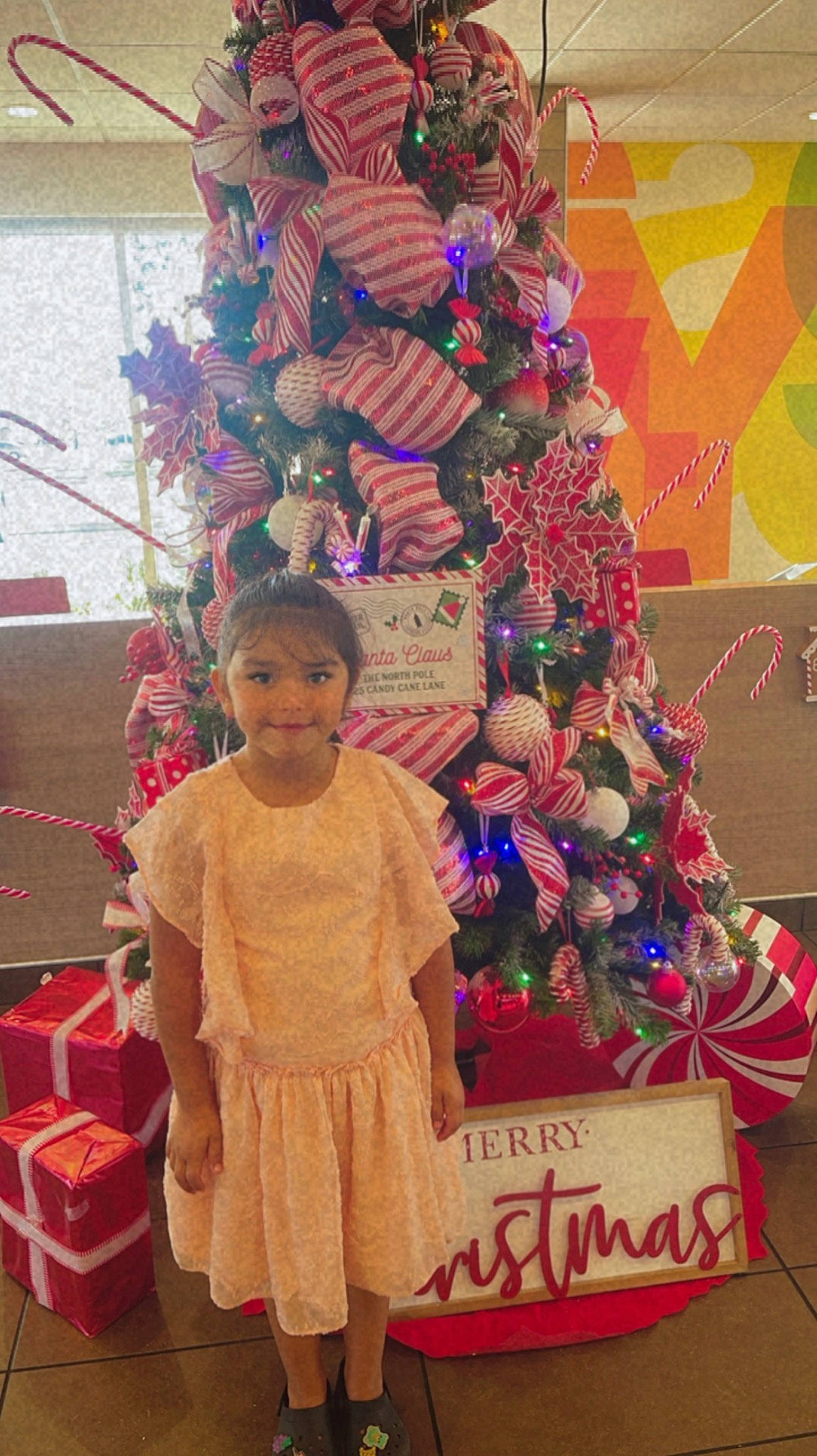 Anaya joined the competition — help win amazing prizes! christmas, christmas_decoration, christmas_ornament, christmas_tree, conifer, event, happy, holiday, holiday_ornament, interior_design, joy, magenta, ornament, person, pink, plant, shorts, smile, textile, toddler