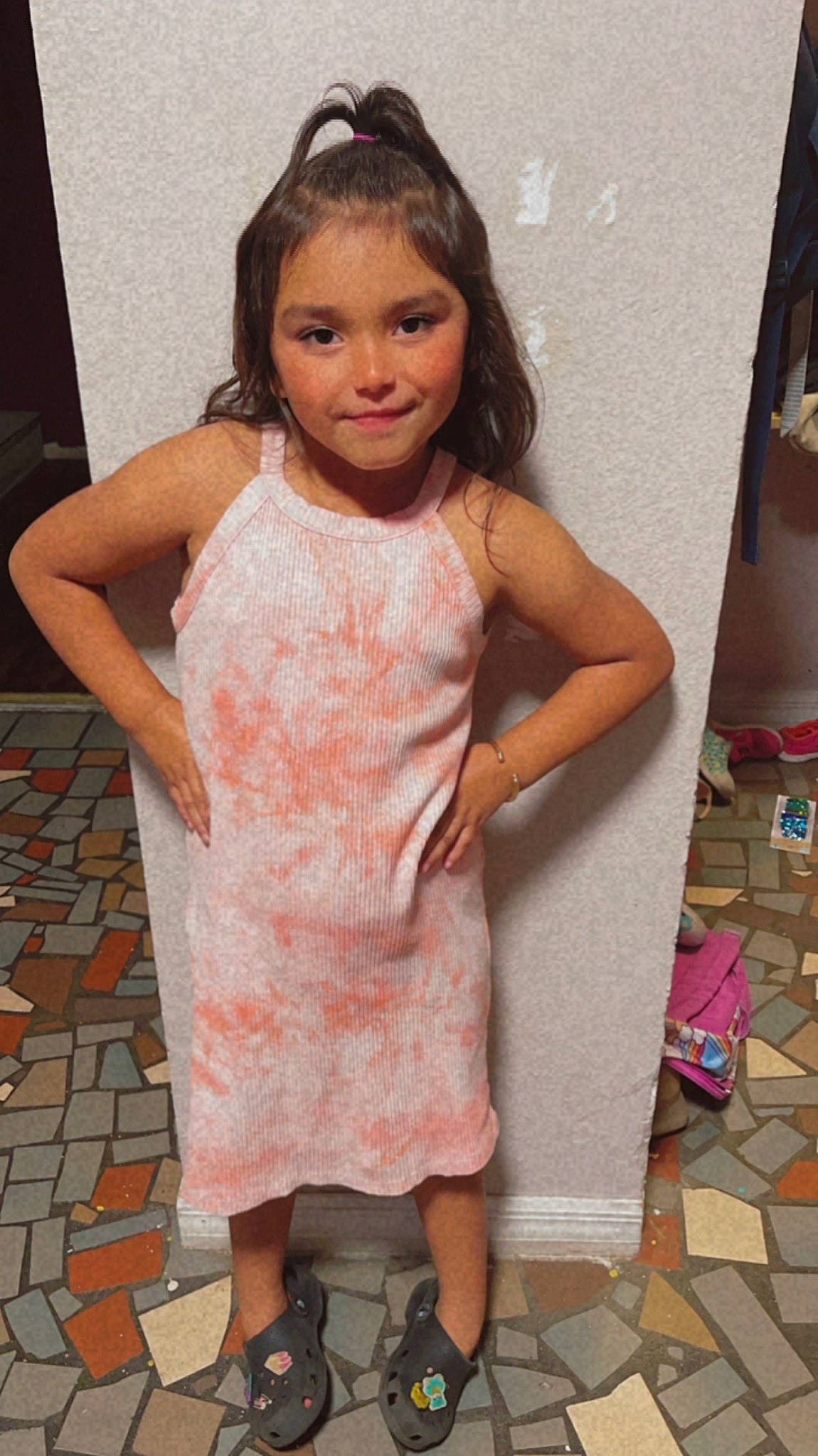 Anaya joined the competition — help win amazing prizes! child, dress, eyelash, flooring, fun, gesture, hair, hairstyle, happy, human_leg, joint, joy, one_piece_garment, pattern, person, pink, room, shoulder, sleeve, smile