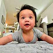 Aieden joined the competition — help win amazing prizes! baby, child, indoor, carpet, blanket, living_room, couch, pillow, table, chair, person, cute, happy, smiling, infant, toddler, home, furniture, portrait, casual