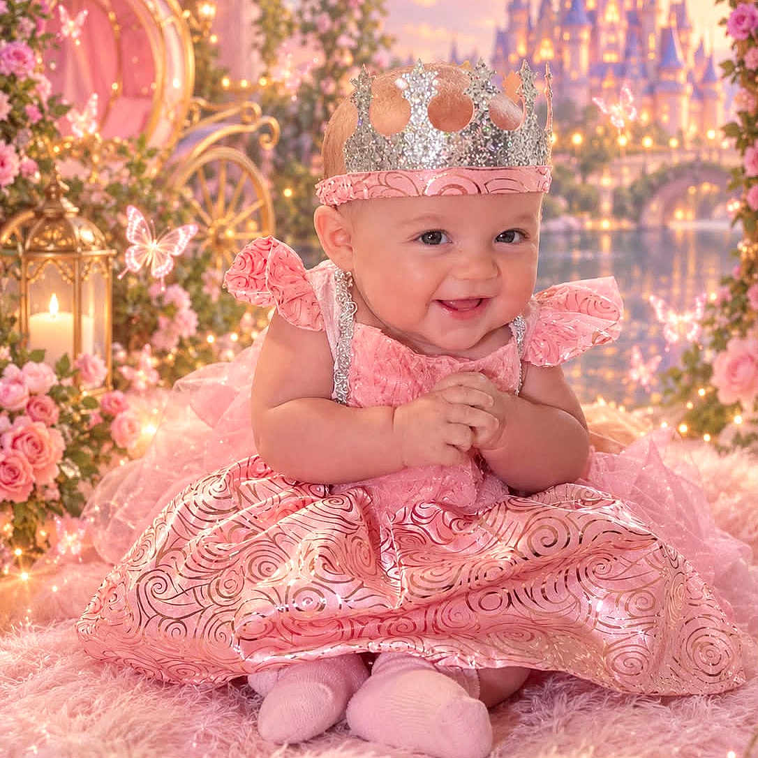 Arizona joined the competition — help win amazing prizes! baby, child, infant, portrait, smiling, crown, dress, pink, royal, princess, fairytale, castle, flowers, roses, butterfly, carriage, lantern, candle, sparkles, studio_photography