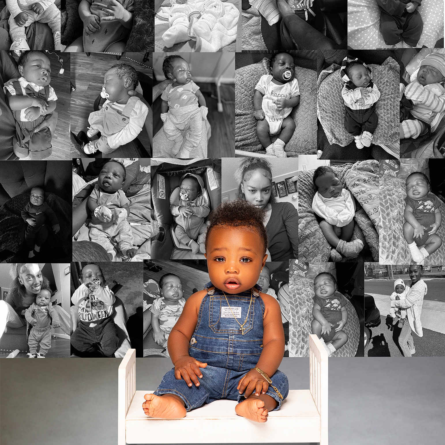 Roderick joined the competition — help win amazing prizes! baby, bench, black_and_white, blanket, child, collage, color_pop, cozy, cute, denim_overalls, family, indoor, infant, jewelry, pacifier, person, portrait, sitting, sleeping, smiling