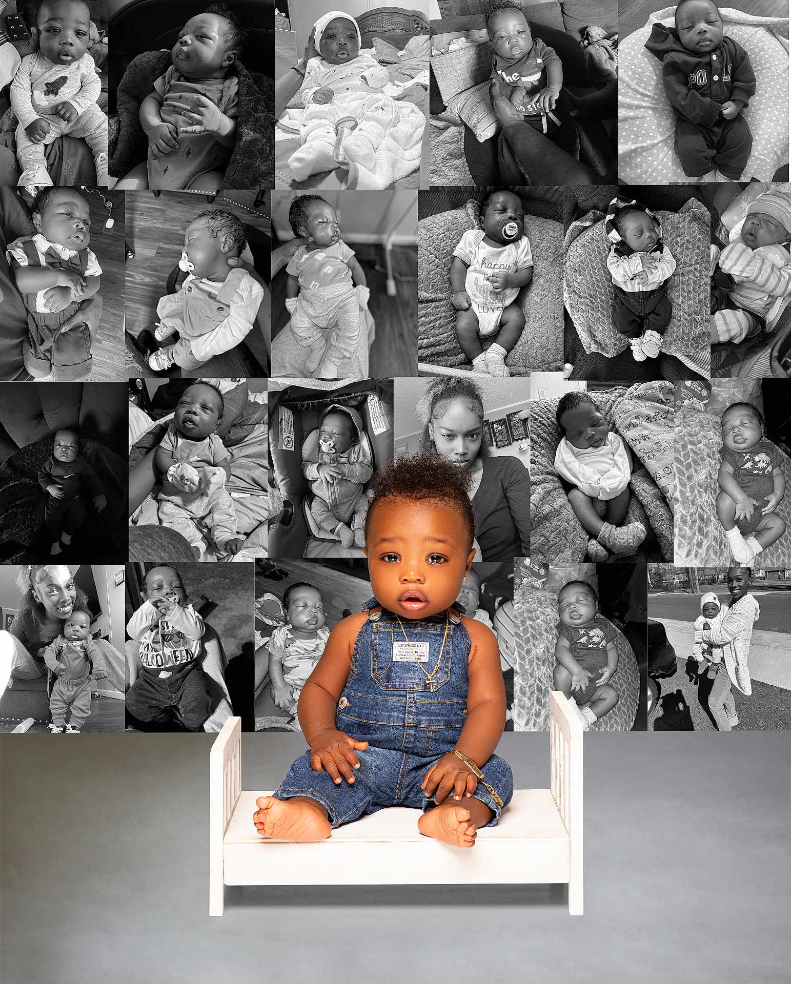 Roderick joined the competition — help win amazing prizes! baby, infant, child, portrait, denim_overalls, jewelry, bench, smiling, sitting, black_and_white, color_pop, collage, cute, indoor, cozy, family, sleeping, pacifier, blanket, person