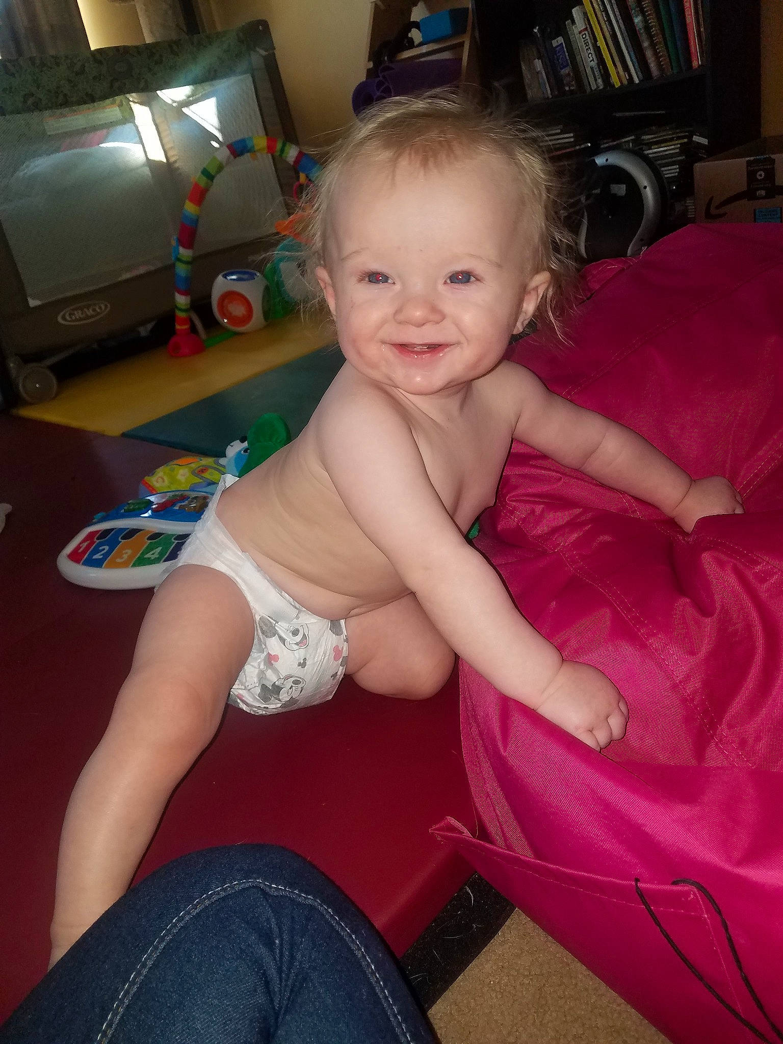 Jaxsen joined the competition — help win amazing prizes! baby, cheek, child, eye, iris, joy, leg, person, sitting, skin, smile, toddler