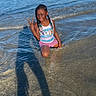 Samiyah is registered to the contest to win money with this photo: beach, braided_hair, child, colorful_clothing, kneeling, ocean, outdoor, peace_sign, portrait, sand, seawater, shadow, shallow_water, shoreline, shorts, smiling, summer, sunlight, swimsuit, waves