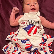 Xylin is registered to the contest to win money with this photo: baby, infant, clothing, dress, bow, flag_pattern, patriotic, red, white, blue, blanket, lying_down, cute, happy, person, skin, celebration, holiday, american_flag, portrait
