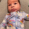 baby, infant, child, onesie, clothing, sleepwear, pattern, clouds, stars, rainbows, cartoon_characters, lying_down, soft_surface, bedroom, cute, portrait, face, expression, indoor, comfort