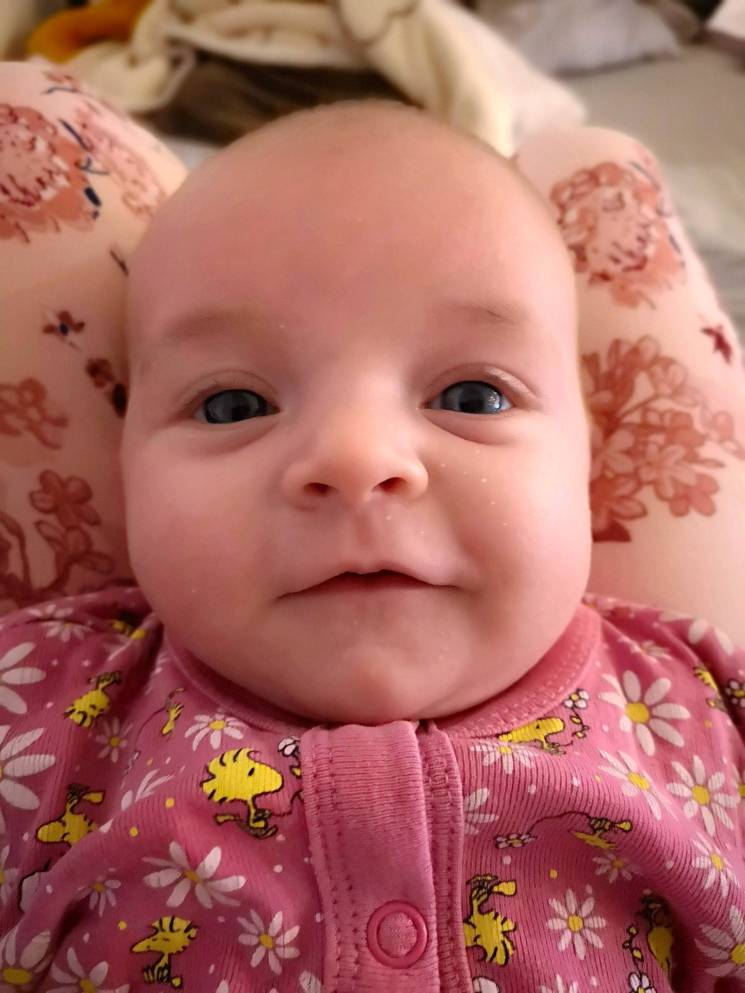 émilia a rejoint le concours — aidez-le/la à gagner de superbes lots ! baby, baby_toddler_clothing, cheek, chin, collar, eye, eyelash, face, facial_expression, happy, head, iris, lip, nose, person, pink, skin, sleeve, smile, toddler