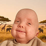 Nolhan a rejoint le concours — aidez-le/la à gagner de superbes lots ! baby, child, face, smile, savanna, african_savanna, giraffe, elephant, zebra, trees, grass, wildlife, nature, outdoor, sky, landscape, animal, portrait, cute, young