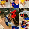 child, toddler, girl, snow_white_costume, blue_dress, yellow_skirt, red_bow, apples, bed, bedding, portrait, collage, mirror_selfie, sleeping, indoors, smiling, curly_hair, hair_accessory, toy, family_photo