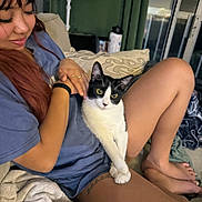 Zoe joined the competition — help win amazing prizes! person, cat, black_and_white_cat, couch, blanket, pillow, living_room, indoors, legs, barefoot, tattoo, smiling, petting, tshirt, curtain, window, water_bottle, closeup, relaxing, cozy