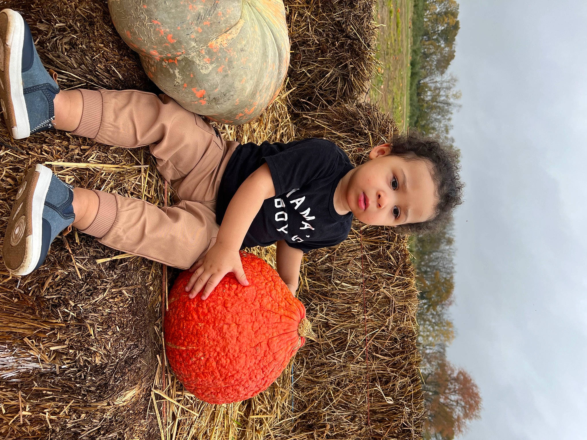 Braelen is registered to the contest to win money with this photo: boot, child, field, flash_photography, fun, grass, happy, hay, human_body, human_leg, leisure, people_in_nature, person, plant, pumpkin, sky, smile, soil, toddler, tree