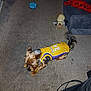 dog, small_dog, yellow_jersey, lakers, carpet, toy, stuffed_animal, couch, indoor, pet, playing, floor, chewing, tail, furniture, home, casual, animal, sports_jersey, cute