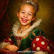 Elizabethfaye is registered to the contest to win money with this photo: child, girl, smiling, portrait, princess, tiara, jewelry, necklace, dress, costume, green, red, lace, curly_hair, happy, face, puffy_sleeves, vintage_style, background, indoor