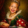 child, girl, smiling, portrait, princess, tiara, jewelry, necklace, dress, costume, green, red, lace, curly_hair, happy, face, puffy_sleeves, vintage_style, background, indoor