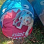 dog, white_dog, tent, shark_tent, outdoor, grass, leaves, sun_smart, pet, animal, resting, canine, playful, shade, collar, nature, relaxed, daylight, ground, curious