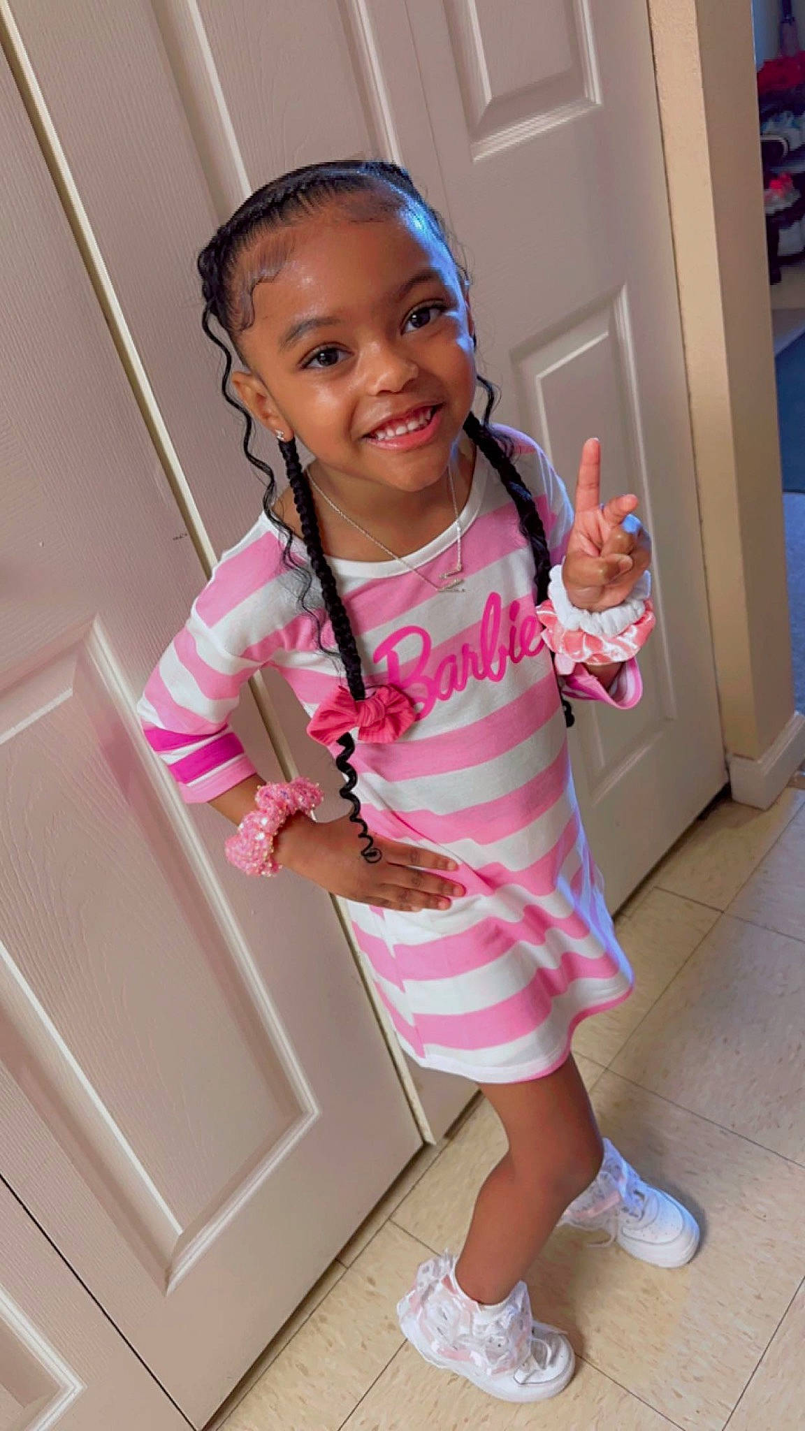 Za'Miya joined the competition — help win amazing prizes! arm, baby_toddler_clothing, child, dress, finger, gesture, hand, happy, human_leg, joint, joy, magenta, pattern, person, pink, skin, sleeve, smile, standing, t_shirt