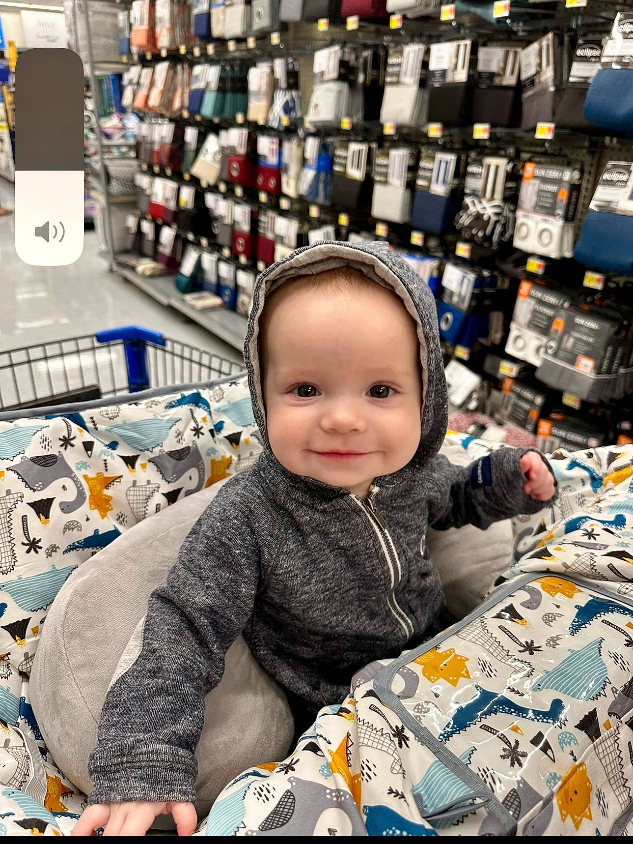 Bentley is registered to the contest to win money with this photo: baby, baby_toddler_clothing, child, city, convenience_store, customer, fun, happy, hoodie, joy, person, portrait_photography, product, retail, room, shelf, sitting, smile, t_shirt, toddler
