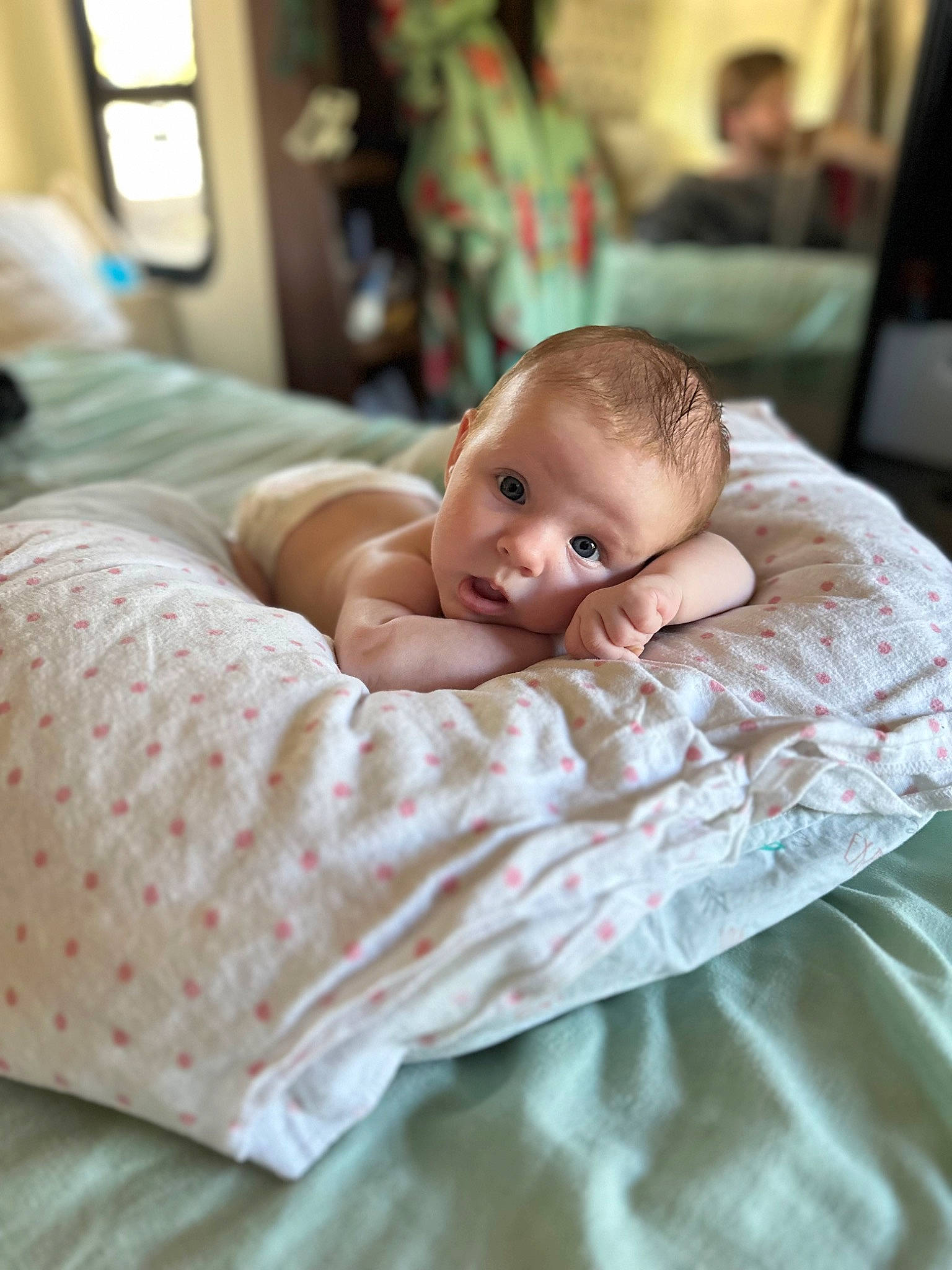 Hayden Rae joined the competition — help win amazing prizes! baby, baby_toddler_clothing, bedding, bedtime, cheek, child, comfort, event, eye, linens, person, picture_frame, portrait_photography, room, sitting, toddler, wood