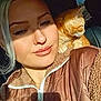 adult, animal, bodypart, cat, crying, dimples, face, female, hair, happy, head, neck, person, pet, sad, shoulder, skin, smile, tape, woman
