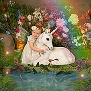 Aaliyah joined the competition — help win amazing prizes! child, toddler, fairy_wings, flower_crown, unicorn, statue, garden, flowers, butterflies, rainbow_light, pond, greenery, grass, dress, smiling, fantasy, nature, magical, portrait, outdoor