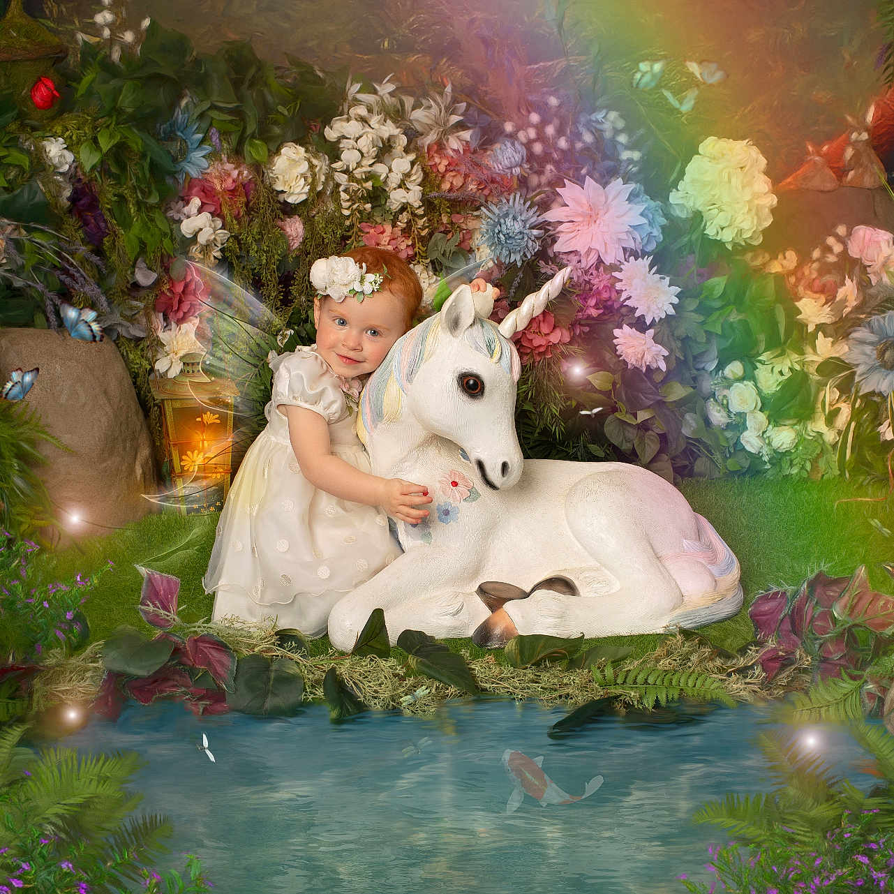 Aaliyah joined the competition — help win amazing prizes! butterflies, child, dress, fairy_wings, fantasy, flower_crown, flowers, garden, grass, greenery, magical, nature, outdoor, pond, portrait, rainbow_light, smiling, statue, toddler, unicorn