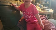 Aaliyah joined the competition — help win amazing prizes! blanket, cat, child, clutter, couch, cozy, curious_cat, furniture, happy, home, indoors, jar, lamp, person, pink_clothing, portrait, shelf, smiling, table, toddler