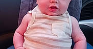 Samuel joined the competition — help win amazing prizes! baby, infant, child, striped_clothing, onesie, car_interior, towel, lap, person, seat, window, road, trees, daylight, skin, head, face, legs, hands, relaxed