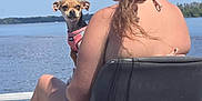 Koko joined the competition — help win amazing prizes! woman, dog, boat, water, outdoor, sky, summer, pet, animal, seated, harness, nature, relaxing, back_view, hair, blue_sky, body_of_water, vacation, sunlight, casual