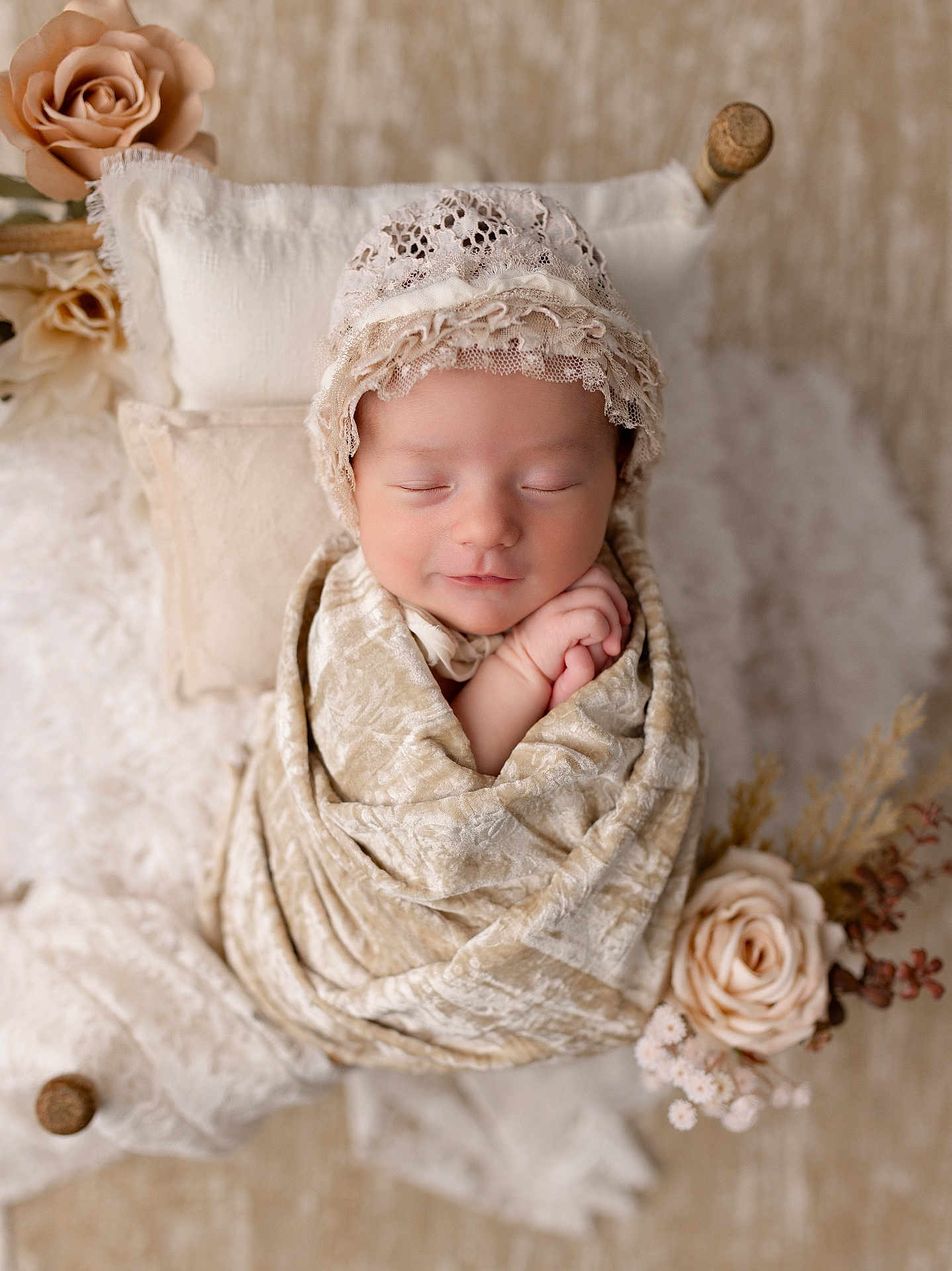 Emersyn is registered to the contest to win money with this photo: newborn, baby, sleeping, wrapped, blanket, lace_bonnet, pillow, flower, beige, soft_texture, cozy, innocence, peaceful, portrait, child, cute, rest, studio_photo, delicate, flowers
