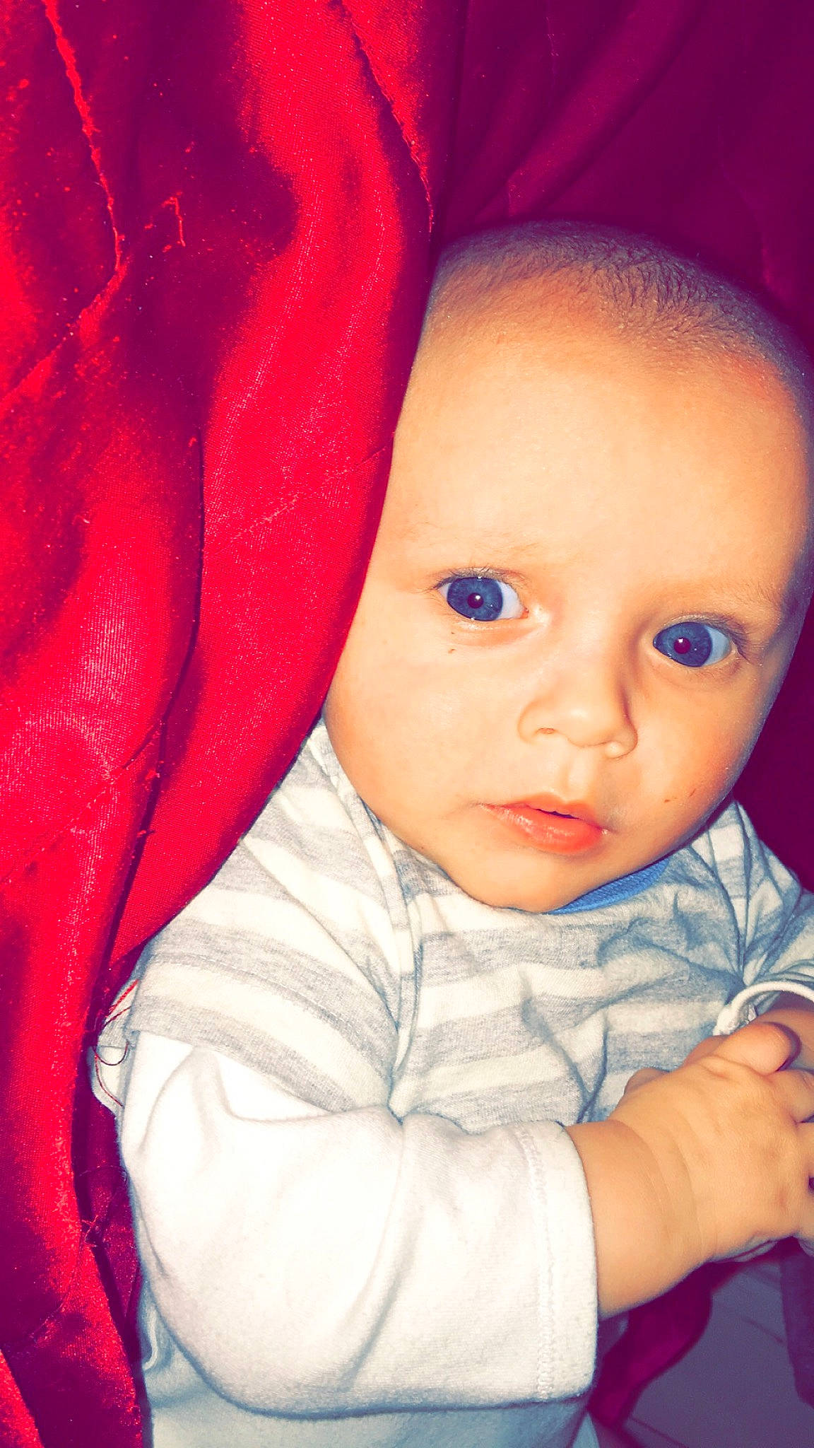 Koby joined the competition — help win amazing prizes! baby, cheek, child, eye, face, forehead, head, iris, lip, mouth, nose, person, pink, portrait, red, skin, smile, toddler