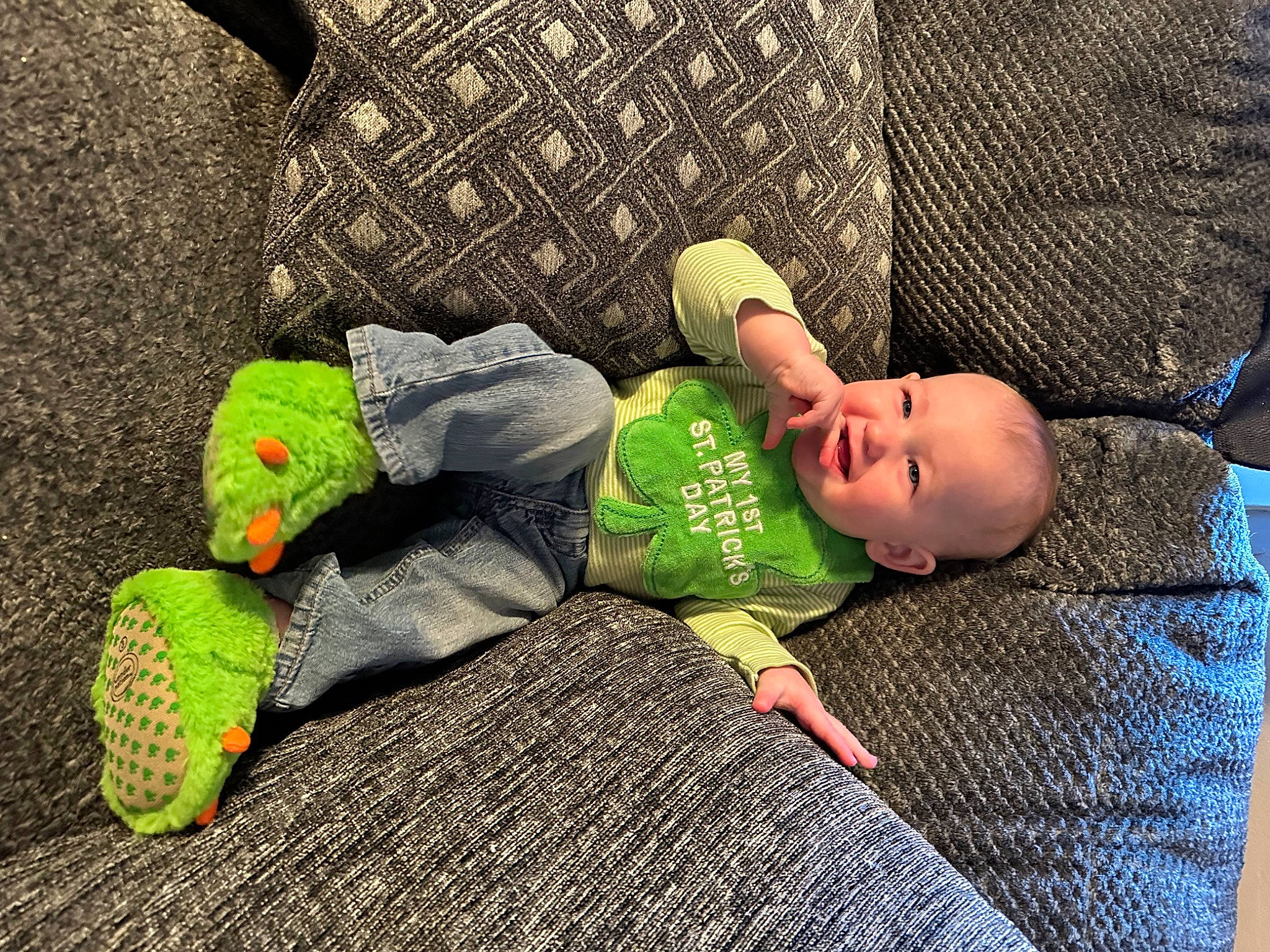 Waylon joined the competition — help win amazing prizes! baby, baby_toddler_clothing, child, comfort, flooring, foot, fun, grass, human_body, joint, linens, mammal, pattern, person, sitting, t_shirt, textile, toddler, toy, vertebrate