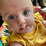 Nova is registered to the contest to win money with this photo: baby, bubbles, child, childhood, close_up, colorful_background, curious, cute, expression, eyes, face, head, indoors, infant, person, portrait, skin, sleeveless, yellow_clothing, young
