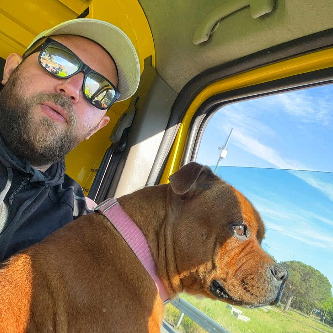 Sally participe au concours pour gagner de l'argent avec cette photo : accessories, adult, animal, baseballcap, belt, canine, cap, clothing, dog, face, glasses, hat, head, male, man, person, pet, photography, portrait, sunglasses