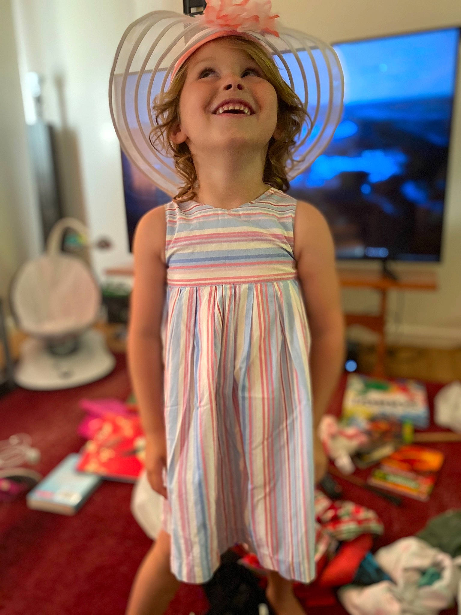 Kendall joined the competition — help win amazing prizes! child, clothing, costume, dress, fashion_accessory, hat, headgear, joy, pattern, peach, person, smile, summer, sun_hat, textile, toddler, vacation