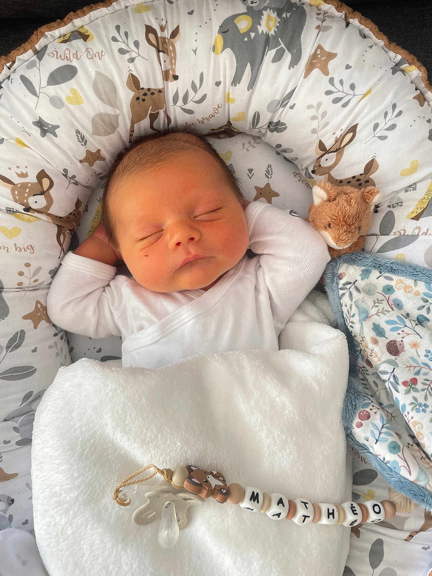 Mathéo participe au concours pour gagner de l'argent avec cette photo : newborn, baby, sleeping, blanket, pacifier, plush_toy, cushion, animal_print, white_clothing, infant, bedtime, cozy, soft_texture, cute, peaceful, rest, indoors, comfort, child, nap